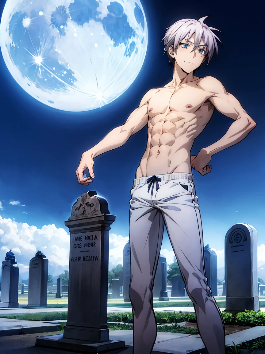 ayumu aikawa, gray hair, blue eyes, manly face, smile, shirtless, slim, fit, abs, closed mouth, outdoors, sky, day, briefs, cloud, pants, full body, frontal shot, sport shoes, cemetery, moon, night,