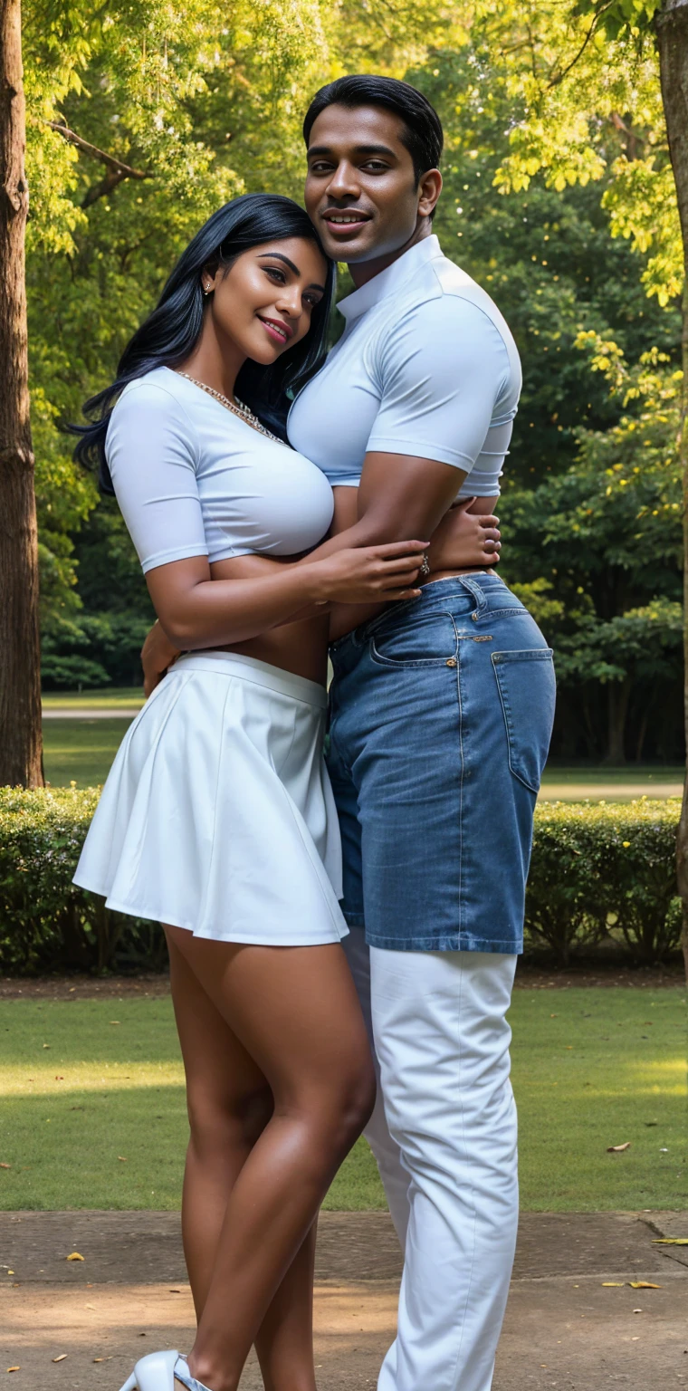 A photorealistic portrait of a 30-year-old Indian woman with big-sized breasts, wearing a cute white top and blue mini skater skirt(( women wearing white top with blue skater skirt)), sexy legs, wearing blue high heels,red lipstick, very laughing white teeth,She
standing with big black cock man ((bbc handsome man wearing black shirt with white jeans)) giving very adult seductive poses in park,((they are hugging)),captured in close up full-body shot, 8k resolution, with high detail and quality.