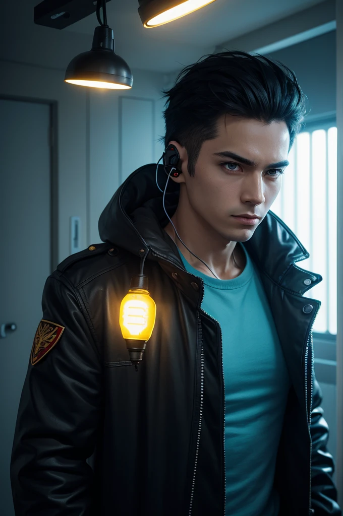 male character, Revolutionary, communist, mike, earbuds, computer working, hall, diffuse light, light bulb, cyber punk, perfil, natta, bluish environment with yellow lights.