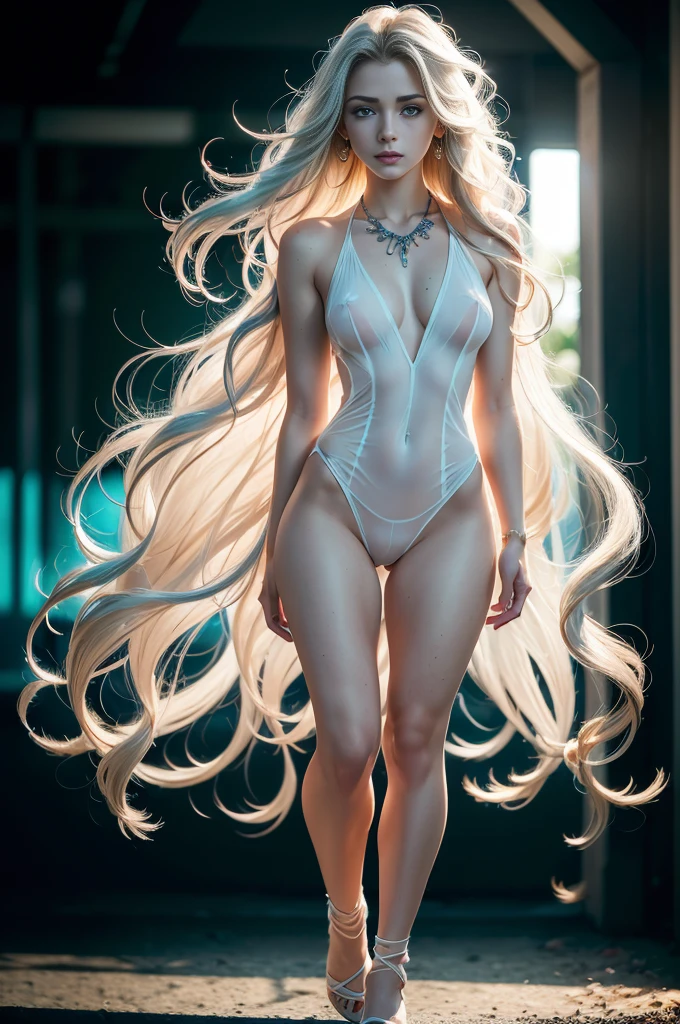 (full body shot:1.5), photo taken from the side behind, ultra detailed beautiful woman, 18 years-old woman, stunningly beautiful, (extremely intricate:1.3), (photorealistic:1.4), hyper-detailed white wet sheer outfit, (sensual pose), (lewd face), sexy lips, waifu, small breasts, flat chest, shyness, thighgap, beautifull, cute, pretty, perfectly proportion body, perfect framing, (her whole body is visible with hair:1.6), blue jewel necklace, earrings, blue eyeshadow visible on her eyelids and eyeliner on her eyes, very long eyelashes, stuningly beautiful face, focus on face, holographic, light particles, ultra detailed photo, high definition, very bold and vivid colors, 32k resolution, best quality, volumetric lighting, "best quality", "masterpiece", supermodel face, detailed face, pale white skin, [[freckles skin]], (((white wavy hair))), ultra realistic, high-quality detail, cover art, moody,  zoom out, depth of field, art station, (luminism), (((cinematic lighting))), orange and teal, soft light, [summer weather: sunset weather:2.5] 4k resolution, octane render,
