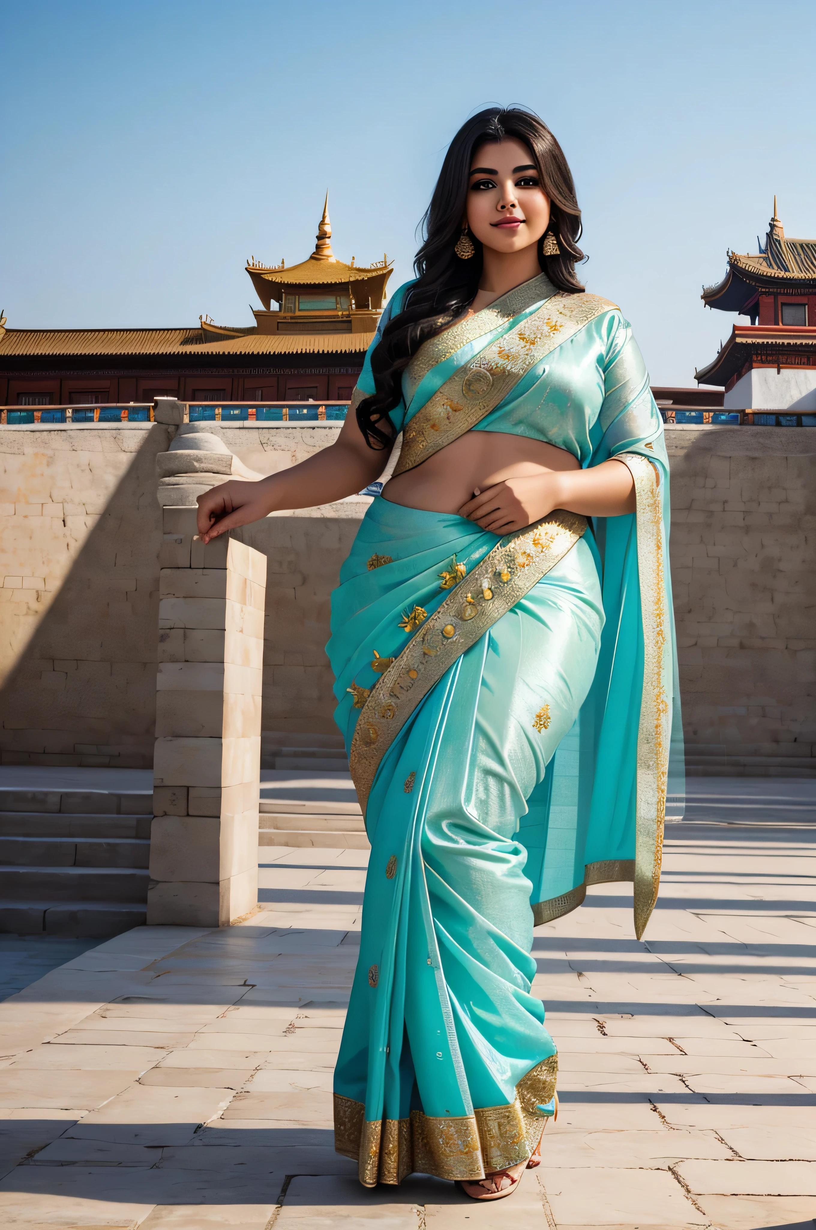 1 Heavenly beautiful and goddess beauty cute and sweet looking face Arabian female in front of Potala Palace, China, Heavenly beautiful Overweight, Heavenly beautiful Extremely fat, Heavenly beautiful and attractive Chubby figure , Heavenly beautiful looking and eye catching luxury style floral saree , reaching out, Heavenly beautiful Arabian woman, 16k, High resolution, masterpiece, highest quality, fine skin, outside view, Realistic Photograph