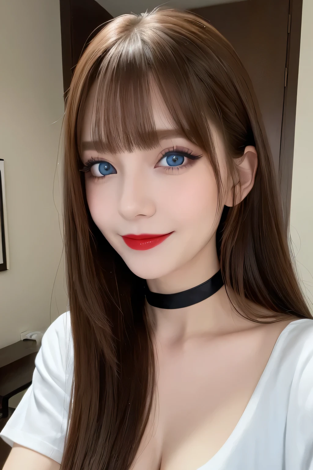 (Highest quality, 8K, Tabletop, Ultra HD: 1.3), V-neck T-shirt, 20-year-old、smile, Black Choker, Blue Eyes, Red lipstick, Very long eyelashes, Cleavage, Noble, bangs, brown hair and straight long hair, President's office, ((Tabletop)), Tie your hair back, ((Slim face, The body is slim)), VIP Room、Suite Room、Big boobs、sexy、Bewitching atmosphere