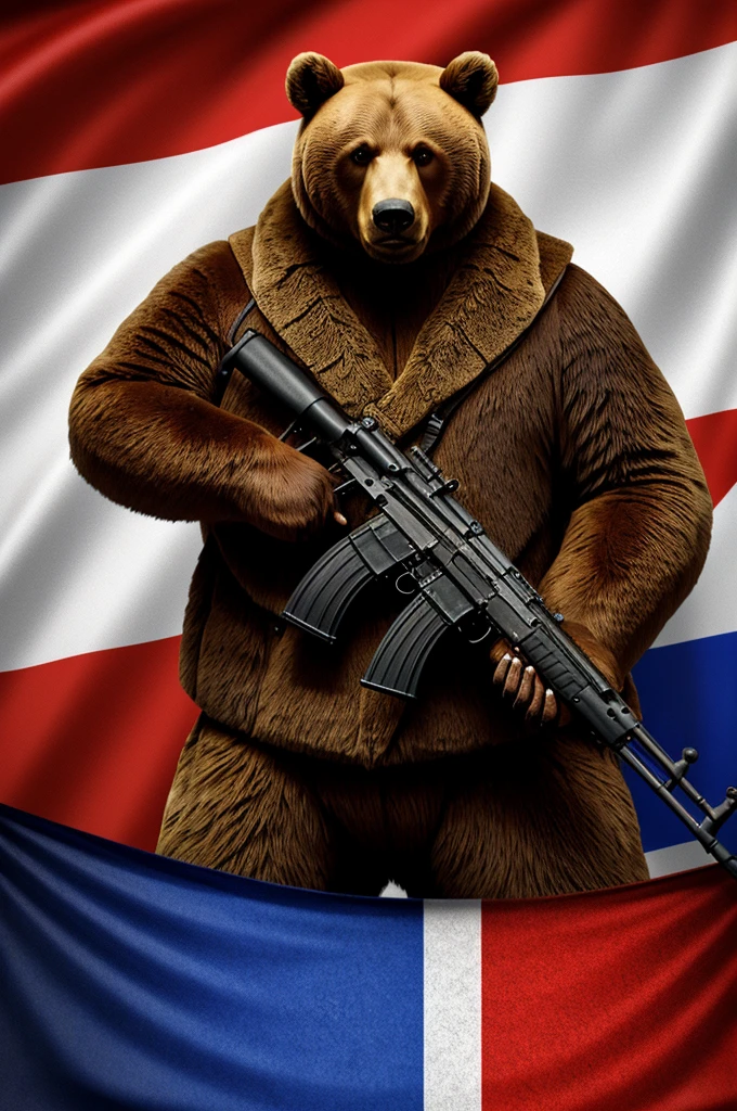 Background Russian flag.
Foreground bear with ak47