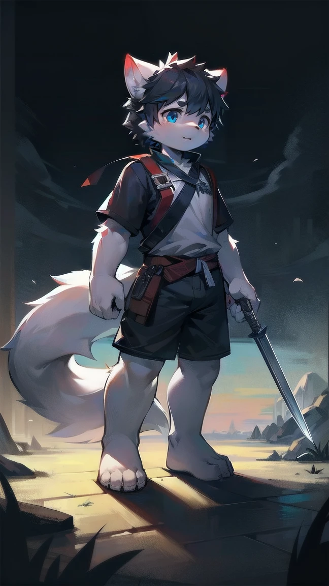 White Wolf，black hair，Sky blue eyes，hairy，Wolf ears，Wolf tail，Full body portrait，The character is in the center of the frame，Handsome，Confident eye***but，juvenile，Black and white combat uniform，Red neck bib，Black shorts，Short sleeve，hairy arms and legs，Dark background，Dark battlefield，dawn，sunrise，dawn，illumination，shadow，Swordsman，Scabbard and Hold the hilt of a in your hand，The scabbard is at the waist，Highest quality