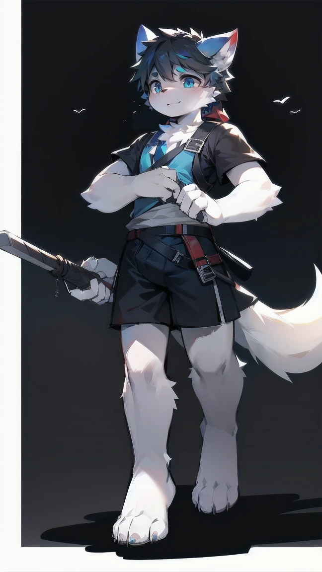 White Wolf，black hair，Sky blue eyes，hairy，Wolf ears，Wolf tail，Full body portrait，The character is in the center of the frame，Handsome，Confident eye***but，juvenile，Black and white combat uniform，Red neck bib，Black shorts，Short sleeve，hairy arms and legs，Dark background，Dark battlefield，dawn，sunrise，dawn，illumination，shadow，Swordsman，Scabbard and Hold the hilt of a in your hand，The scabbard is at the waist，Highest quality