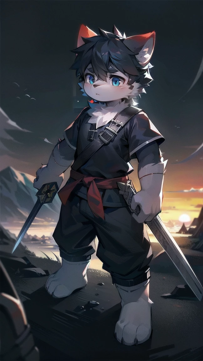 White Wolf，black hair，Sky blue eyes，hairy，Wolf ears，Wolf tail，Full body portrait，The character is in the center of the frame，Handsome，Confident eye***but，juvenile，Black and white combat uniform，Red neck bib，Black shorts，Short sleeve，hairy arms and legs，Dark background，Dark battlefield，dawn，sunrise，dawn，illumination，shadow，Swordsman，Scabbard and Hold the hilt of a in your hand，The scabbard is at the waist，Highest quality