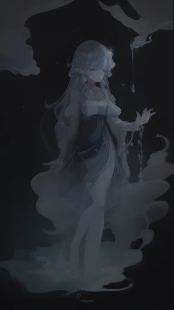 ((SFW)), (best quality,4k,8k, high res,masterpiece:1.2), ((masterpiece)), (((best quality))), slightly muted colors, hair color, hairstyle fax, eyes, clouds, flowy hair, stars in hair, adult, starry eyes, sea, ocean, celestial, hairstyle fax, deity, muted blue hair, sky-like hair with stars, ocean hair, soft smile, (({comforting aura})) (((abstract:0.5, melting elements from the painting, ghostly, transparent))), angels, luminous, bright character, ghostly luminous character, siren, mesmerizing siren, ((2 figures, one dark figure and one light figure mesmerizingly together in the most ethereal romantic artwork))