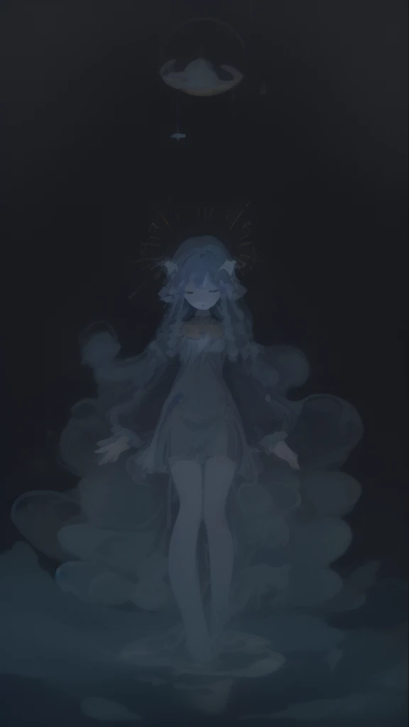 ((SFW)), (best quality,4k,8k, high res,masterpiece:1.2), ((masterpiece)), (((best quality))), slightly muted colors, hair color, hairstyle fax, eyes, clouds, flowy hair, stars in hair, adult, starry eyes, sea, ocean, celestial, hairstyle fax, deity, muted blue hair, sky-like hair with stars, ocean hair, soft smile, (({comforting aura})) (((abstract:0.5, melting elements from the painting, ghostly, transparent))), angels, luminous, bright character, ghostly luminous character, siren, mesmerizing siren, ((2 figures, one dark figure and one light figure mesmerizingly together in the most ethereal romantic artwork))