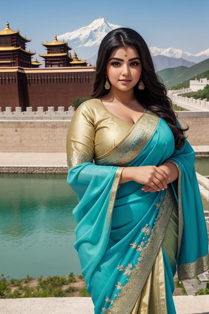 1 Heavenly beautiful and goddess beauty cute and sweet looking face Arabian female in front of Potala Palace, China, Heavenly beautiful Overweight, Heavenly beautiful Extremely fat, Heavenly beautiful and attractive Chubby figure , Heavenly beautiful looking and eye catching luxury style floral saree , reaching out, Heavenly beautiful Arabian woman, 16k, High resolution, masterpiece, highest quality, fine skin, outside view, Realistic Photograph