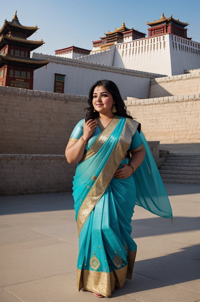 1 Heavenly beautiful and goddess beauty cute and sweet looking face Arabian female in front of Potala Palace, China, Heavenly beautiful Overweight, Heavenly beautiful Extremely fat, Heavenly beautiful and attractive Chubby figure , Heavenly beautiful looking and eye catching luxury style floral saree , reaching out, Heavenly beautiful Arabian woman, 16k, High resolution, masterpiece, highest quality, fine skin, outside view, Realistic Photograph