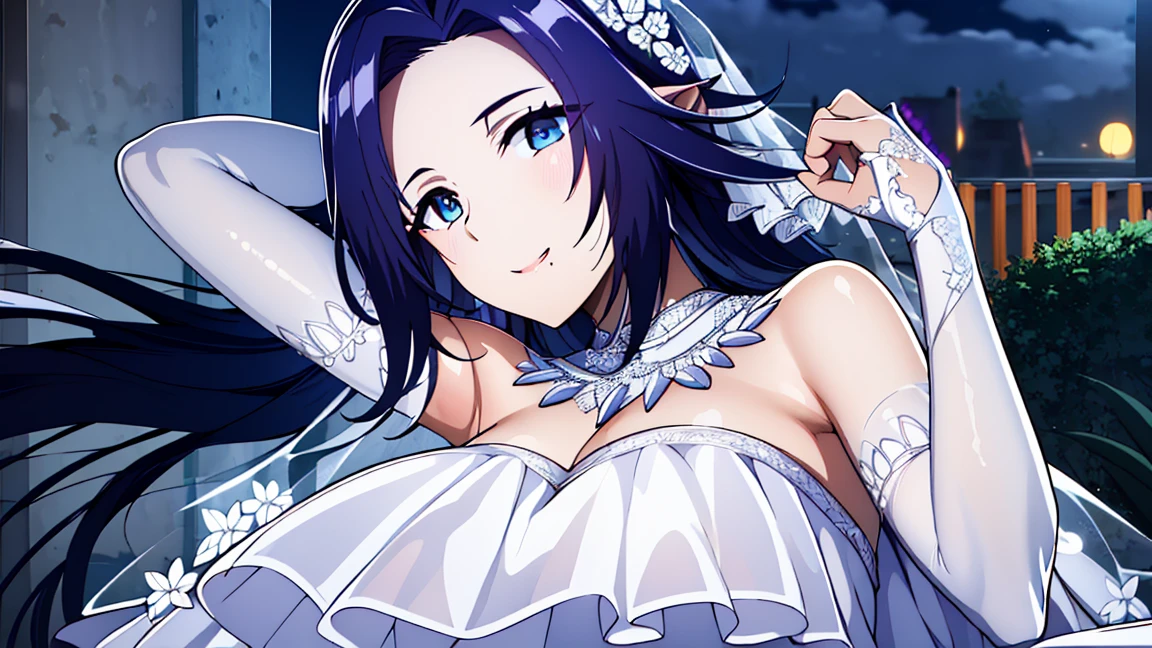 lucina fe, blue hair, long hair, hair ornament, gloves, dress, cleavage, bare shoulders, collarbone, white oprea gloves, white gloves, white dress, strapless, tiara, veil, strapless dress, wedding dress, bridal veil, beautiful woman, perfect body, perfect breasts, wearing a wedding dress, ball gown, in the park trees, wedding decorations, looking at the viewer, a slight smile, realism, masterpiece, textured skin, super detail, high detail, high quality, best quality, 1080p, 16k