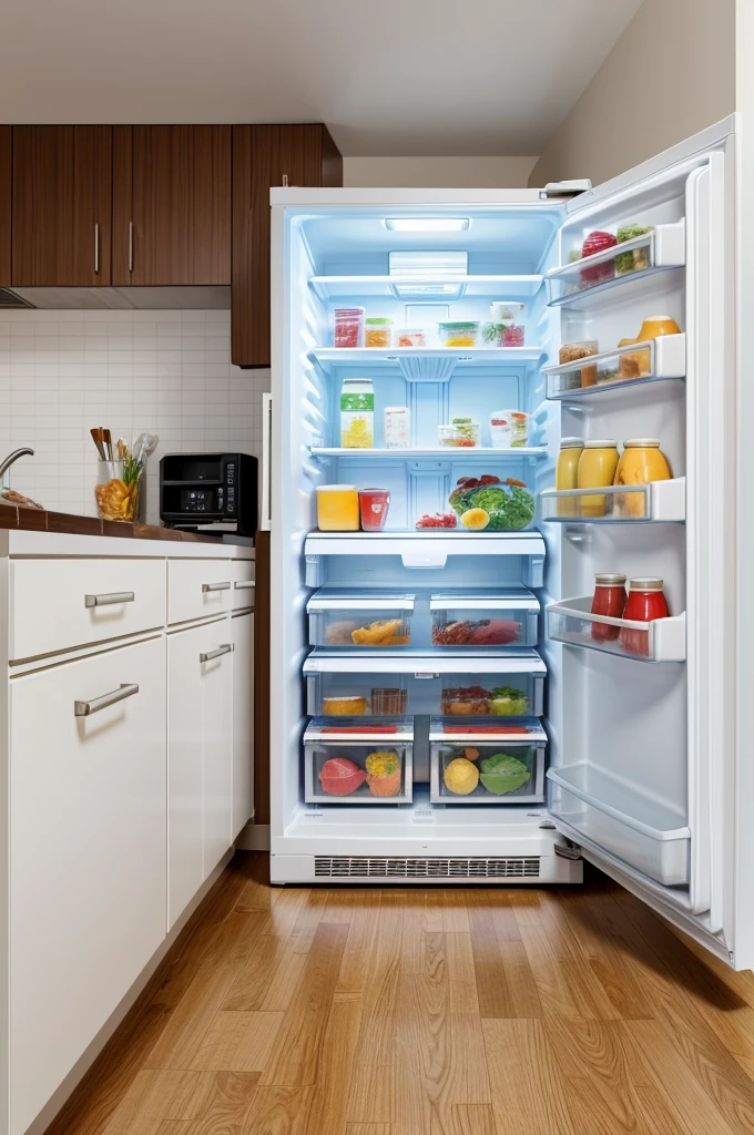 You have opened a refrigerator. Draw interior scene of the refrigerator in one point perspective. Include things you will find in a regular refrigerator. A curd bowl has tripped and curd has fallen down. Draw what you see