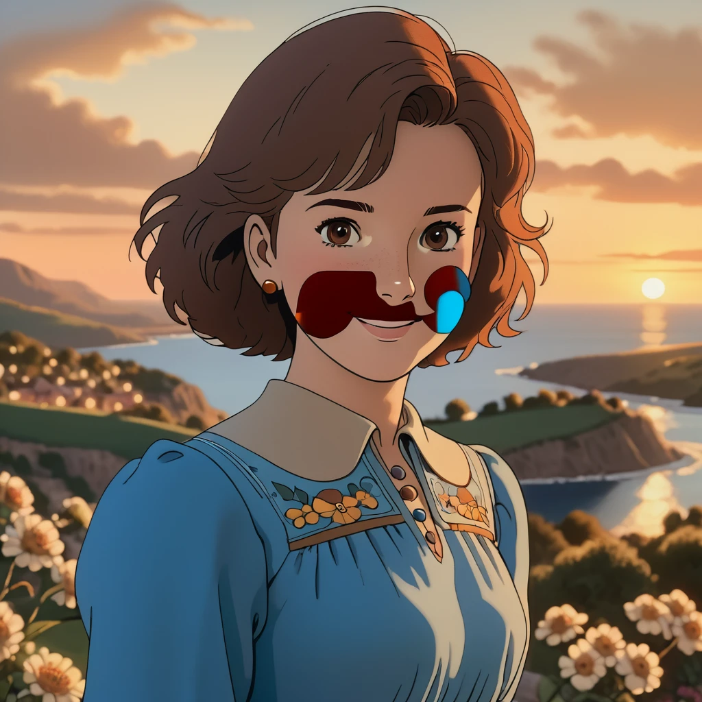 looking at viewer,smile, Nausicaa,1girl,brown hair,brown eyes,short hair, blue_dress,long_sleeves,sunset, a beautiful girl with short brown hair and brown eyes looking directly at the viewer and smiling, wearing a long-sleeved blue dress, against a sunset landscape, detailed facial features, highly detailed, photorealistic, 8k, masterpiece