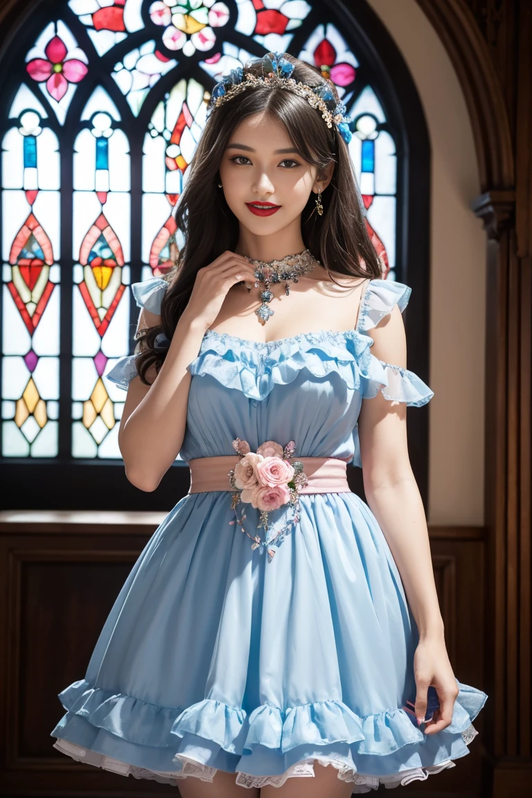 Create A Beautiful Stained Glass Image Of A Lovely And Confident Woman With Red Lips Dressed In Elegant And Sophisticated Gothic-Inspired Fashion. She Wears A Lovely Pink And Blue Frilly Dress With A Ribbon Belt And A Flower Headdress, And Lots Of Jewelry, And Holding A Purse. She Has A Lovely Smile And Poses Like A Model. Her Dress Is Made Of The Finest Fabrics And Adorned With Frills And Crystals. The Image Is Set In Colorful Stained Glass, Highly Detailed, Brightly Lit And Ultra Realistic, In 4K And Full HD, Rendered In Unreal Engine 5, With Realistic Cloth And Skin Textures.