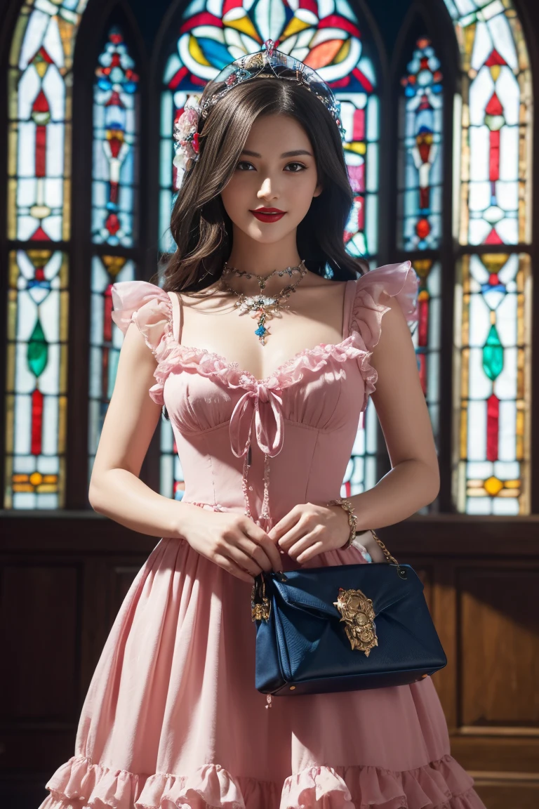 Create A Beautiful Stained Glass Image Of A Lovely And Confident Woman With Red Lips Dressed In Elegant And Sophisticated Gothic-Inspired Fashion. She Wears A Lovely Pink And Blue Frilly Dress With A Ribbon Belt And A Flower Headdress, And Lots Of Jewelry, And Holding A Purse. She Has A Lovely Smile And Poses Like A Model. Her Dress Is Made Of The Finest Fabrics And Adorned With Frills And Crystals. The Image Is Set In Colorful Stained Glass, Highly Detailed, Brightly Lit And Ultra Realistic, In 4K And Full HD, Rendered In Unreal Engine 5, With Realistic Cloth And Skin Textures.