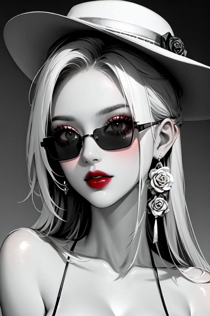 1girl, sunglasses, solo, hat, lipstick, red lips, long hair, dress, plunging neckline,rose, makeup, monochrome, white background, earrings, cleavage, jewelry, upper body, spot color, hair over shoulder,dark theme,shiny,shiny skin,milf,(mature female:1.2),