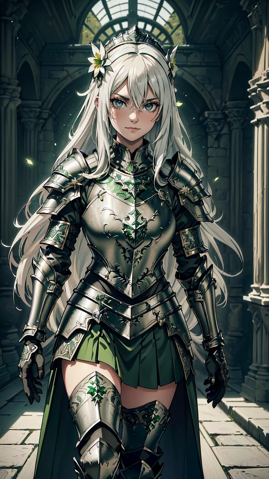 最high quality、Ultra High Definition, Ultra High Quality, Hyper Definition, Hyper Quality, Hyper Detailed, Extremely Detailed, Perfectly Detailed, Best image quality、masterpiece、woman((20-year-old、  Noble Armor, Green glowing eyes, Silver long Hair、Disheveled Hair、Long White Hair、thin, Glove、Green Skirt,  Smirk、Hair White Flower Barrette、Armored With Full Coverage Noble Plate Armor, Leg Armor,)),high quality、Beautiful art、background((Inside the mansion))、Written boundary depth、movie、Visual Arts、Perfect art、8K,Genuine、
