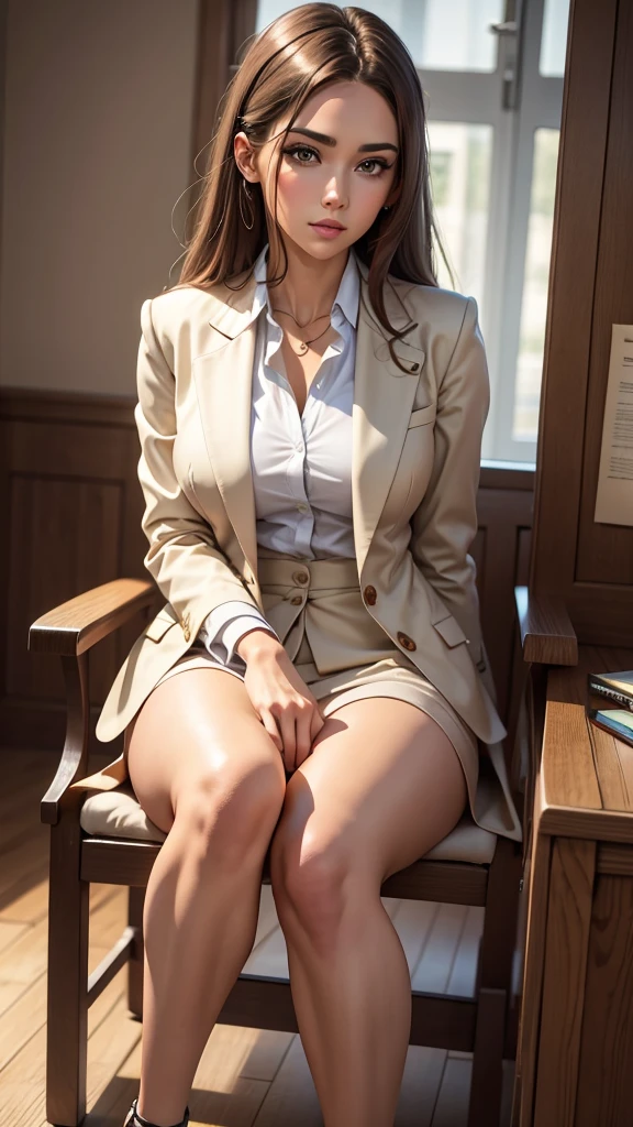 a beautiful woman wearing a blazer jacket, white panties, sitting down and showing her buttocks from the front, holding her knees, long hair, highly detailed, photorealistic, cute girl