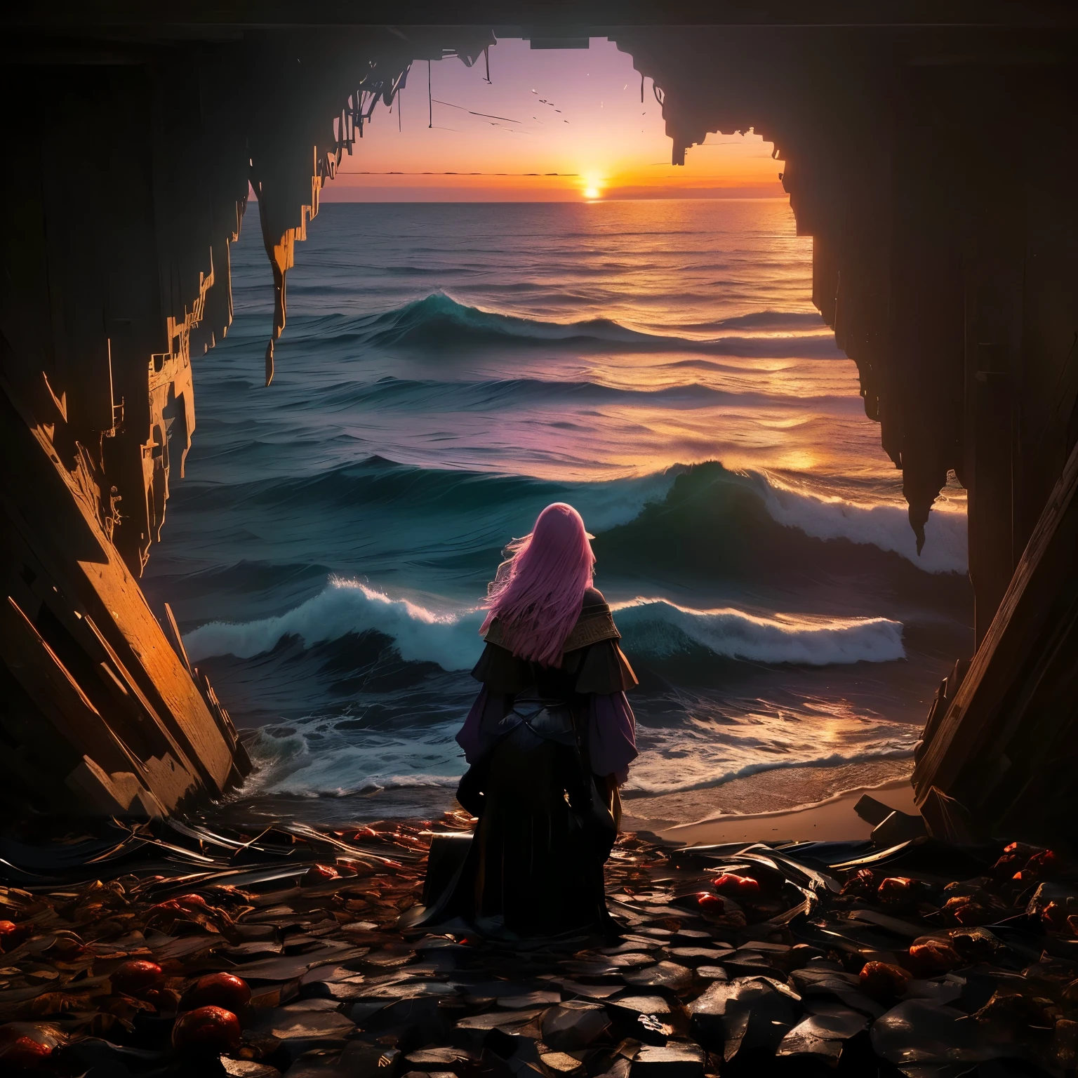 The scene is set in a quiet, peaceful twilight. The sky is painted in shades of purple, pink and gold, as the sun sets in the distance, casting a soft glow over the landscape, Foreground - A lone figure standing on a cliff, silhouetted against a clear sky, Background - The far horizon reveals a vast ocean , the waves lapping gently on the beach, Middle Earth - Around the figure are scattered remnants of shared memories: weathered diaries, pages fluttering in the wind, and old photographs held loosely in the figure's hands, Details and Atmosphere - The air feels thick with nostalgia and melancholy, as if the scene itself breathes with the emotions of the figures, Mood - The overall mood is bitter, reflecting the beauty of the sunset and the sadness of parting.,Beautiful Beach,no_humans,Devasted landscape ,skyrimlandscapes,floatingisland,Landskaper,Nature,island,CelticLandStyle,ohara_rinne,more detail XL