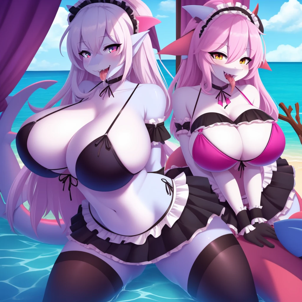 Shark girl, very sexy, big breasts, Maid bikini set, Stick out your tongue and drool.