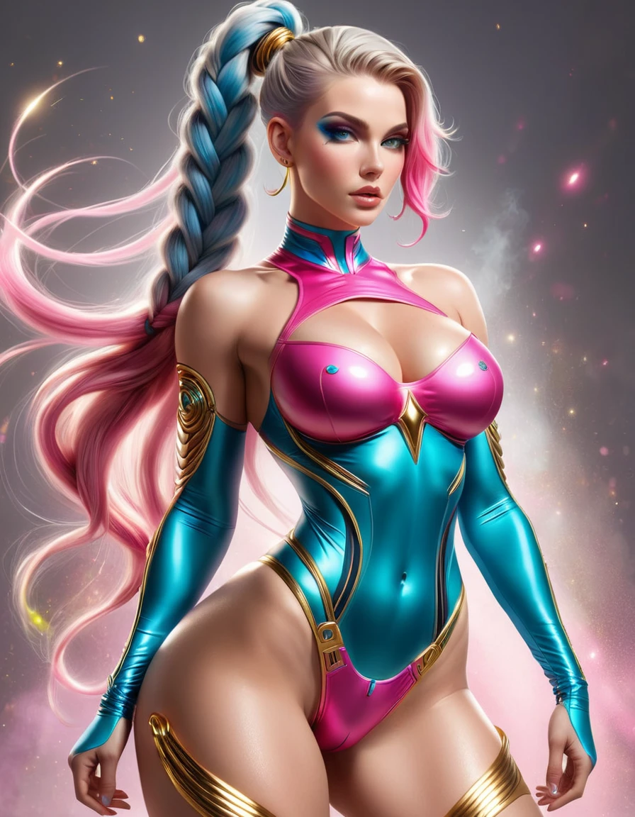 GORGEOUS GODDESS WOMAN , TALL WOMAN BODY, TALL WOMAN, STRONG CURVY ATHLETIC BODY, MUSCLES, BLUE PINK COSTUME,  , GOLD DETAILS, EXPOSED GORGEOUS THIGHS, SWEATY GLUTES, STRONG GLUTES, GOLD TENIS, GOLD GAUNTLETS, SHORT BLUE GREEN PINK HAIR, BRAIDED HAIR STYLE, HUGE LONG BRAID, VERY PALE SKIN, HAIR, EXPRESSIVE LIGHT GRAY EYES, HIGH CHEEKBONE, ROSY CHEEKS, STRAPLESS , FULL BODY PERSPECTIVE, SIDE BODY VIEW, WAR CENARY, SENSUALITY, MITHOLOGY, MASTERPIECE