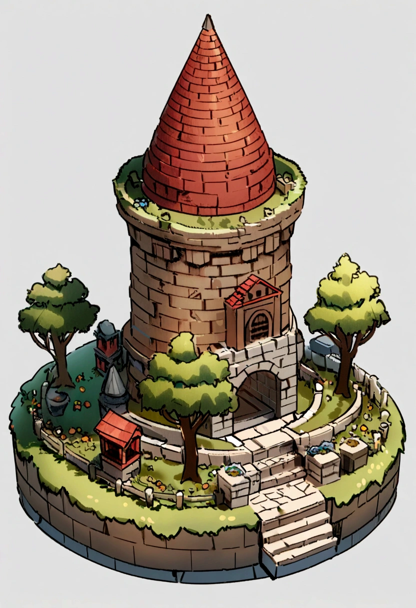 absurdres, best quality, fantasy, isometric, knolling style of (miniature brick round tower:1.2), tree, stone wall, (simple background:1.2)