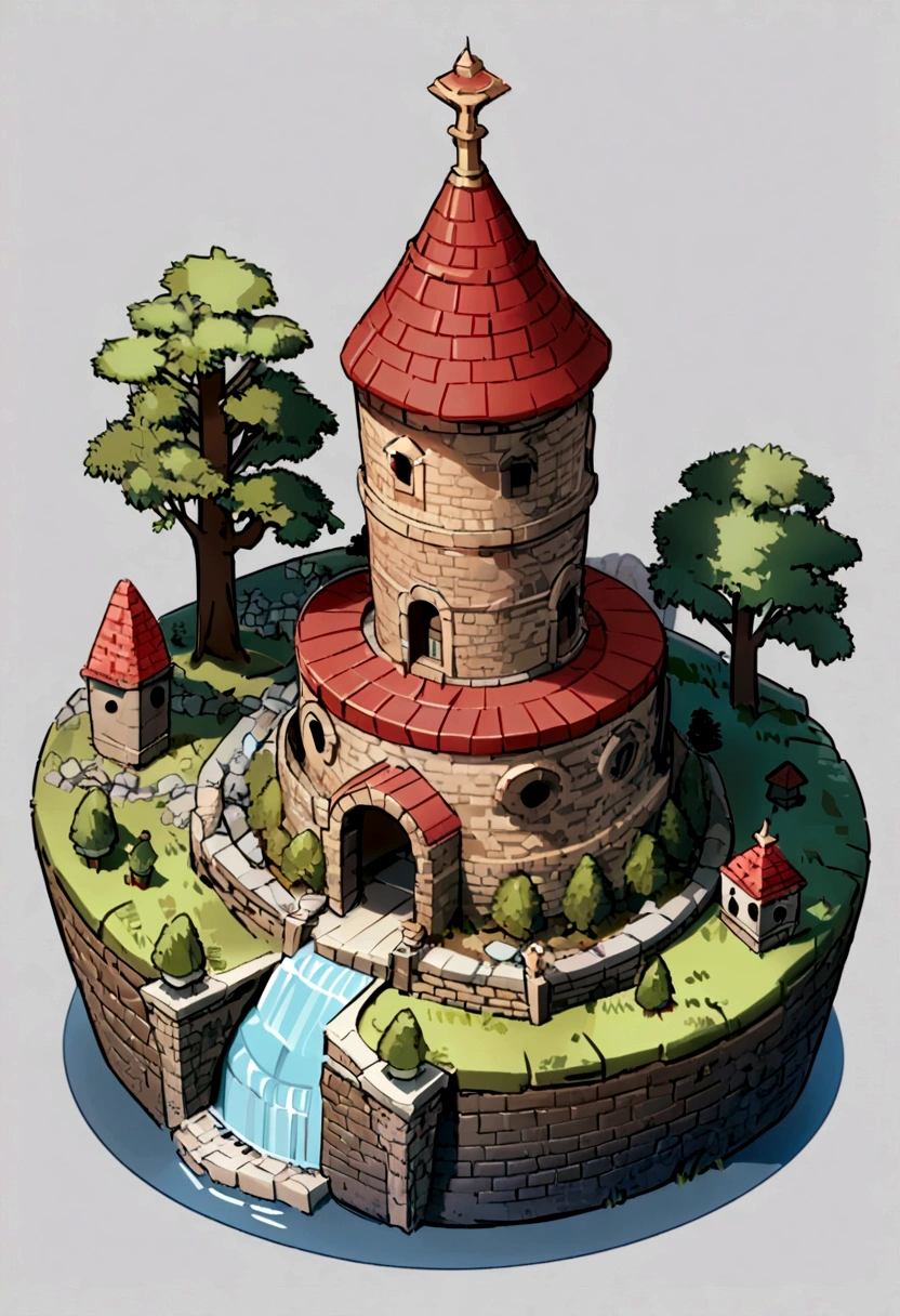 absurdres, best quality, fantasy, isometric, knolling style of (miniature brick round tower:1.2), tree, stone wall, (simple background:1.2)