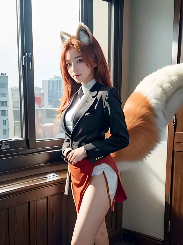((highest quality, 32k)), ((masterpiece)), (Familiar), Perfect Face, Fox woman, Beautiful woman, public, Has a tail, She has a fluffy tail, She has a red fox&#39;s tail., She wags her tail, smile, bell collar, She is wearing a pantsuit, Beautiful Hips, Big Breasts, Big tail, A tail sticking out from a pantsuit, She turns around on all fours