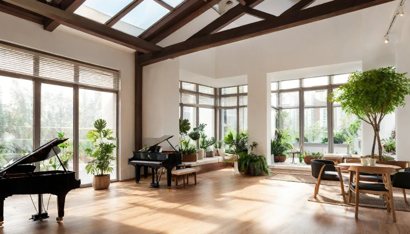 cafe, Steaming coffee on the table, modern space, The plants are beautifully laid out.. window with plenty of sunlight, grand piano