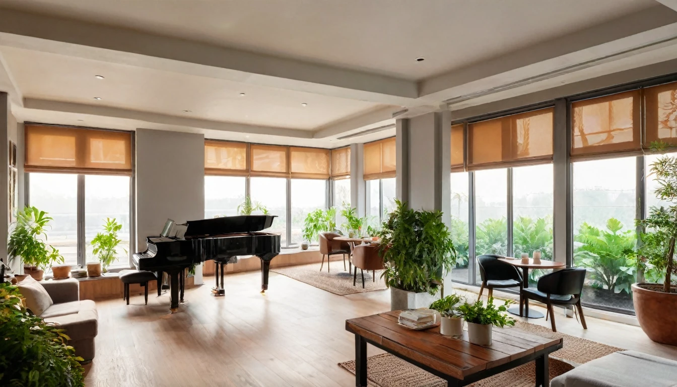 cafe, Steaming coffee on the table, modern space, The plants are beautifully laid out.. window with plenty of sunlight, grand piano