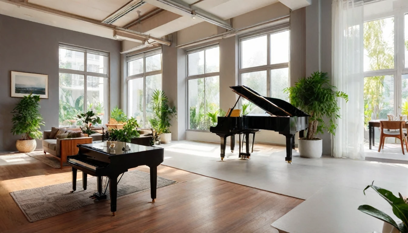 cafe, Steaming coffee on the table, modern space, The plants are beautifully laid out.. window with plenty of sunlight, grand piano