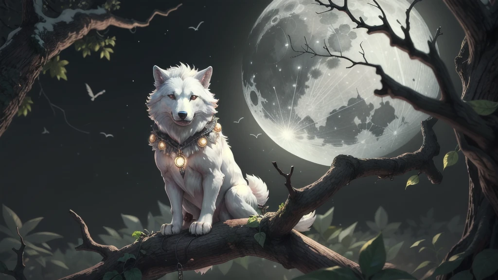 A white Big Fantasy Wolf sitting on top of a tree branch next to a moon