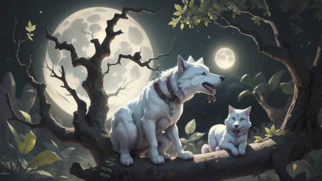 A white Big Fantasy Wolf sitting on top of a tree branch next to a moon