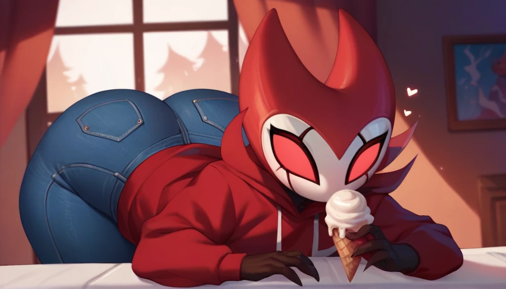 score_9, score_8_up, score_7_up, score_6_up, zPDXL2, grimm \(hollow knight\), vampire, bat, 1boy, solo, cute face, detailed eyes, red hoodie, jeans, portrait, thick thighs, anthro, thick ass, looking out the window, sucking an ice cream