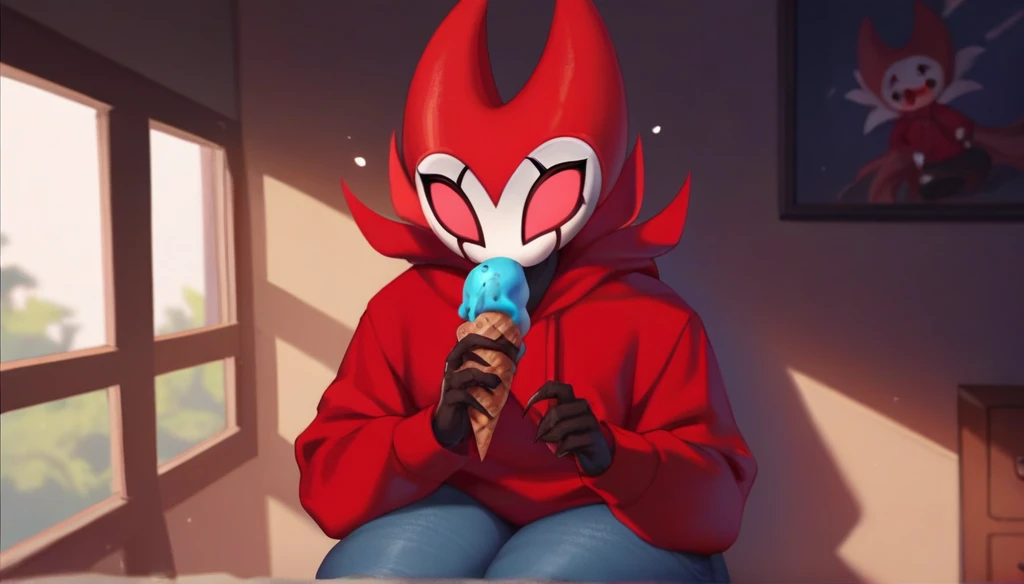 score_9, score_8_up, score_7_up, score_6_up, zPDXL2, grimm \(hollow knight\), vampire, bat, 1boy, solo, cute face, detailed eyes, red hoodie, jeans, portrait, thick thighs, anthro, thick ass, looking out the window, sucking an ice cream