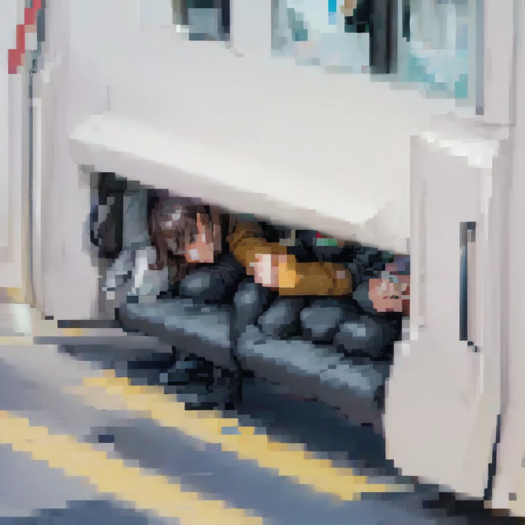 (pixel art_1.1)1female students, female students in front of me, female students is Sitting and sleeping on the train, standing on Young man, middle-aged Multiple Salaryman, pixel art, 8bit, NES