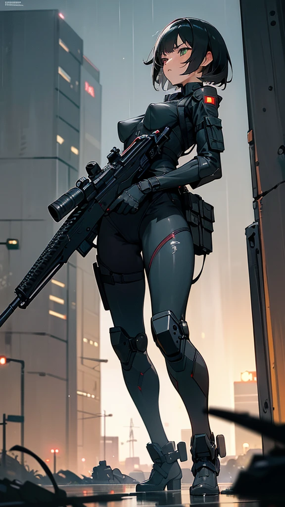 ((Best Quality)), ((Masterpiece)), (detailed), anime girl, short black hair, exposed nipple, sexy, , military , black futuristic tactic, tactical assault weapon, tactical equipment, angry, bothers, hull, special mission, At night, City, strong rain, in focus, shooting up, con hull tactico