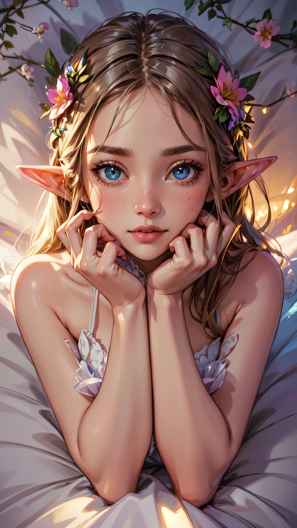 best quality, high-res, ultra-detailed), beautiful woman, detailed face, detailed eyes, long sparkling dress, night background with light and flowers, neon colors, portraits, soft and warm color tones, ambient lighting, full body, flowers, lights, laying on bed, detailed face, detailed eyes, detailed hands,elf woman
