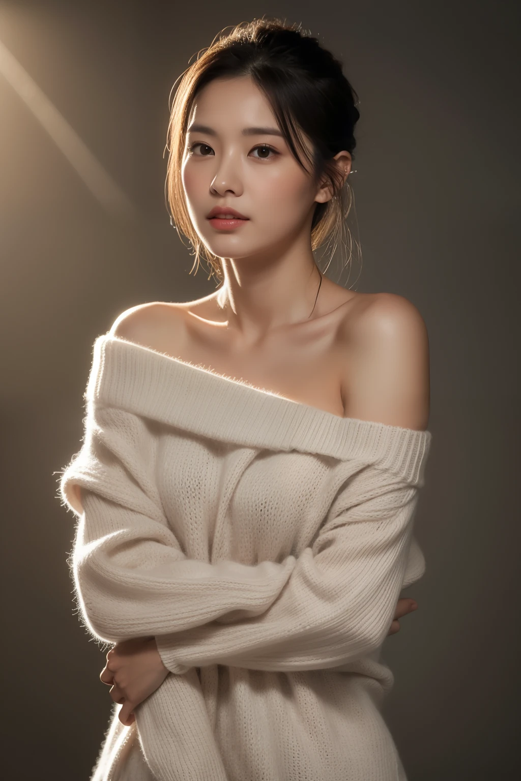 asian lady, She is wearing a soft white sweater relaxed neckline that casually ((drapes off one shoulder)), exposing slender shoulders with black bra trap, highlighted by the rays of light creating a radiant effect on her skin. , mid-shot , light rays, warm atmosphere , light through hair, ((mid-shot, full body, slender waist)), Hair Up Do、 Glowing eyes, nose blush, Carl Larsson, Alfonse Mucha, Chiaroscuro, Film Glenn, reflective light, (((long-Shot))), knee to top,longshot show (((full body))), masterpiece, high details, ((gray background, studio light ))
