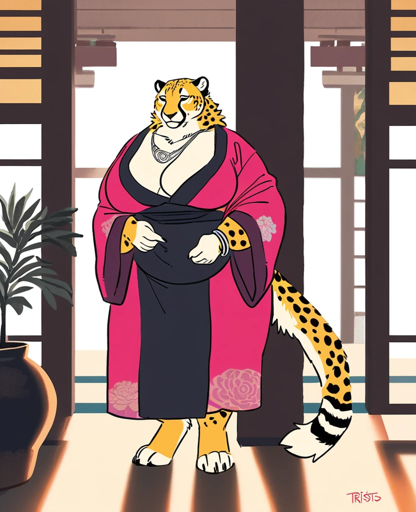 solo, female, anthro (cheetah), by tritscrits, (by botch:0.7), digitigrade, digital artwork, cheetah tail, mature female, sexy, ((detailed background)), golden yellow fur, looking at câmera, Female cheetah, fat, fat belly, fat thighs, fat arms, lovehandles, silver eyes, golden yellow fur, black cheetah markings, kimono, silver earrings, silver bracelets, silver rings, silver necklaces