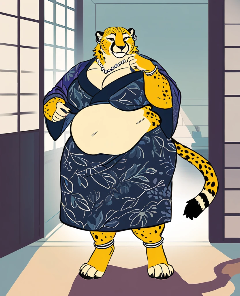 solo, female, anthro (cheetah), by tritscrits, (by botch:0.7), digitigrade, digital artwork, (flat colors:1.3), cheetah tail, mature female, sexy, ((detailed background)), golden yellow fur, looking at câmera, Female cheetah, fat, fat belly, fat thighs, fat arms, lovehandles, silver eyes, golden yellow fur, black cheetah markings, kimono, silver earrings, silver bracelets, silver rings, silver necklaces