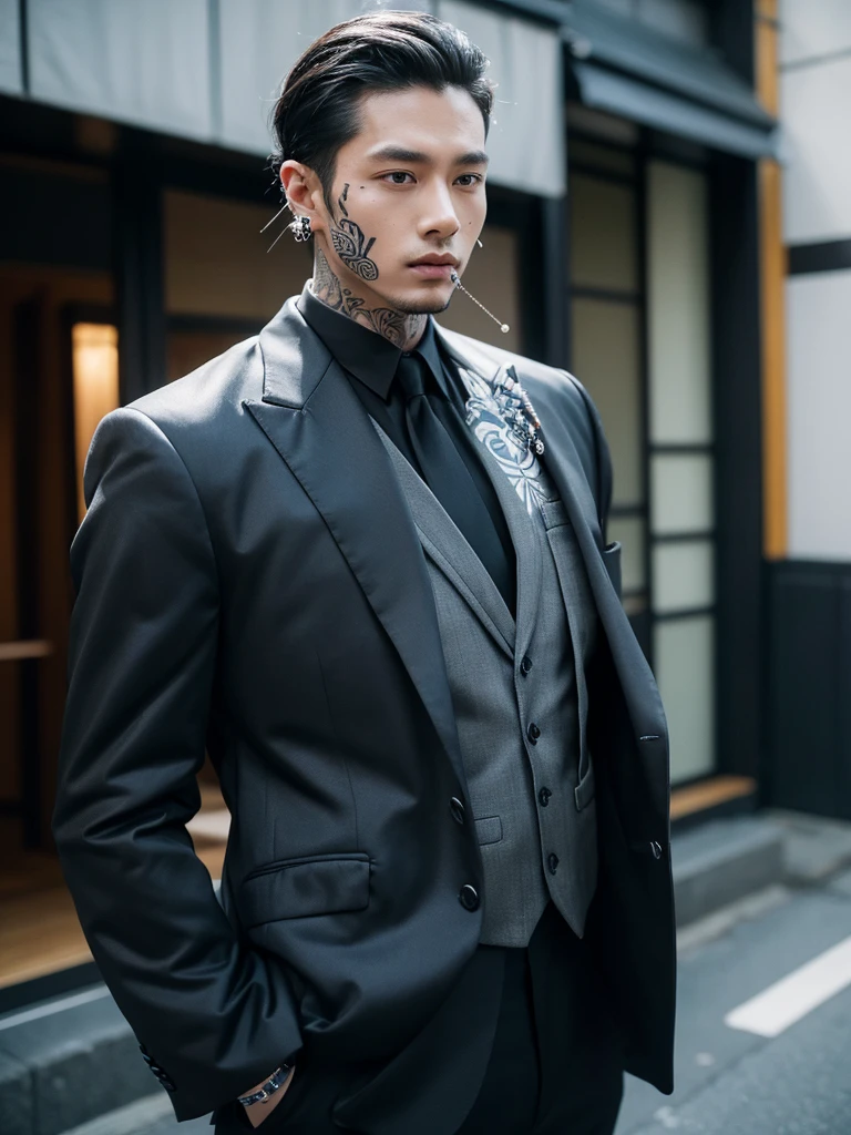 male, 30 years old, slick back, suit, rings, bracelets, piercings, body full of tattoos, japanese street, half body photo