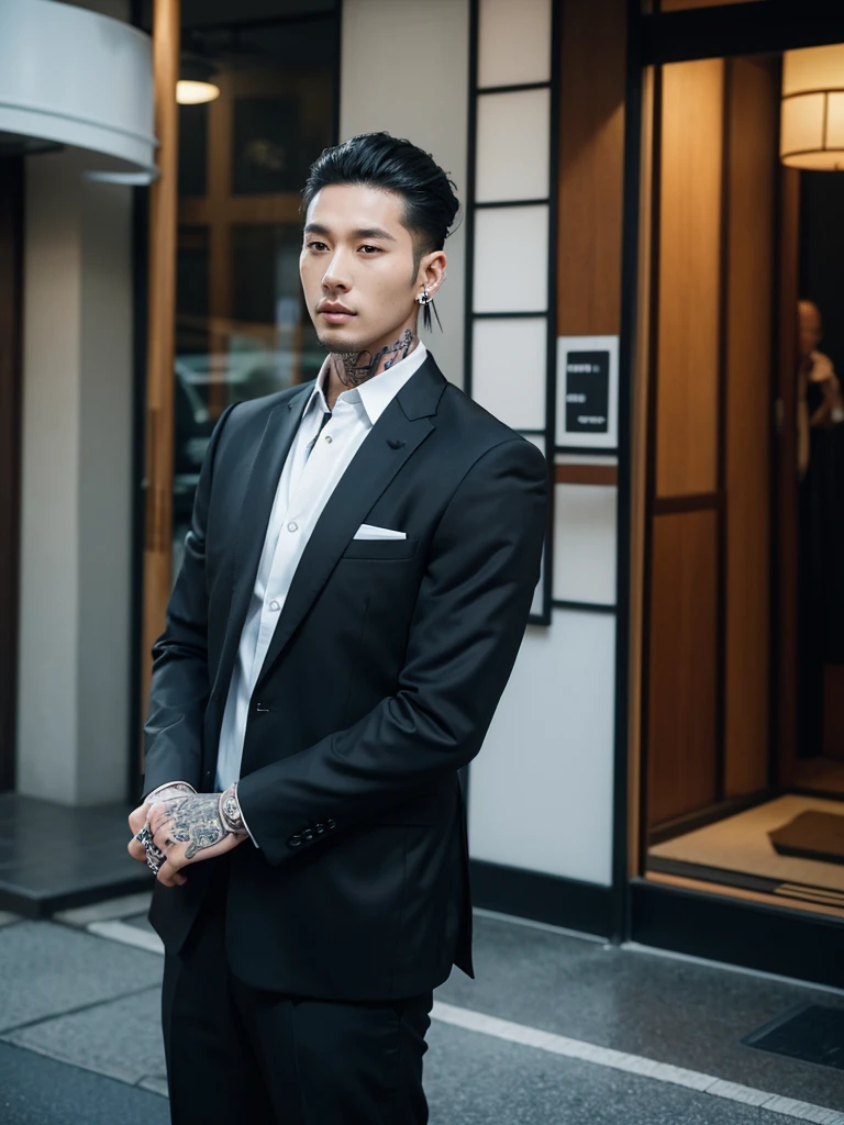 male, 30 years old, slick back, suit, rings, bracelets, piercings, body full of tattoos, japanese street, half body photo