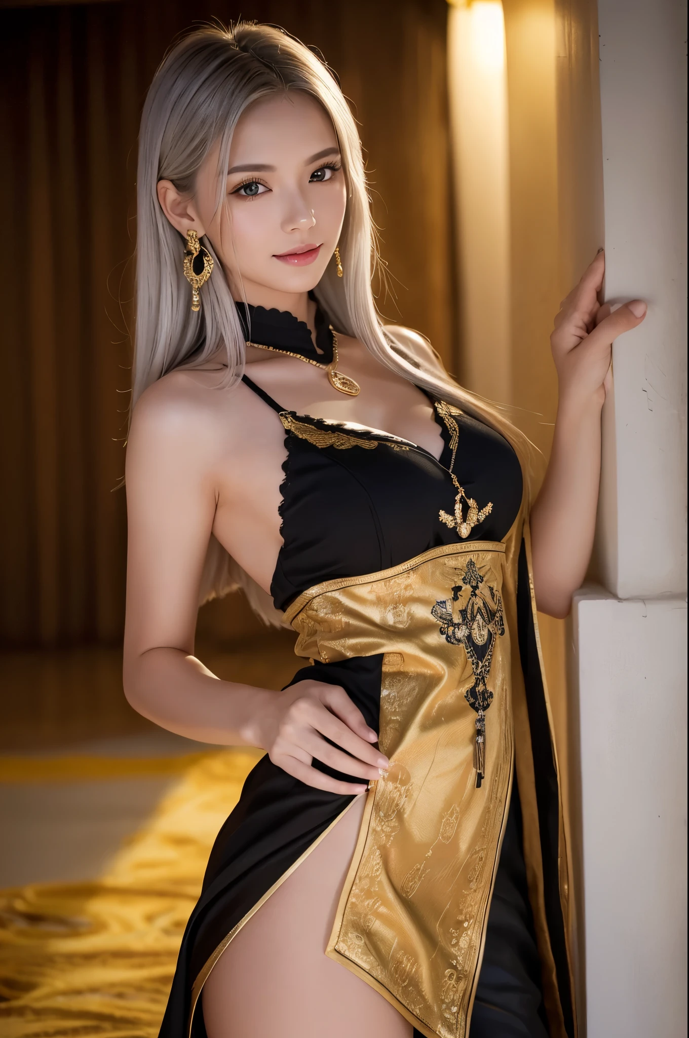(8K,Photorealistic RAW Photos Highest quality;1.4) 1woman) 美しいSilver Hairの女神 (A vivid face) (Tabletop, Highest quality, Photorealisticです, High resolution, :1.3), closeショット, Sharp focus, 1 カールしたSilver Hairのwoman, ヨーロッパ系woman, Hot Model, abdomen, Very detailed eyes with golden pupils, Realistic skin, Slim figure, Perfect body, Very large breastsには谷間がある, Very Fine Hair, Delicate and sexy face, sensory gas, Glossy Lips, ((She has a beautiful black and gold dress and black trousers with golden embroidery.,Wear a pendant)), Outdoor, ((Realistic, 超Realistic, realism, Realistic詳細)) Beautiful expression charm (Realistic Skin) 超High resolution 超Realistic Advanced Details grassland, Flowers and beautiful mountains in the distance々,Purple Earrings,Split Avemar Paladin,woman,超Realisticな肌,smile,close,Top view,Rich colors, Backlight, Cinema Lighting, Film Grain, 50mm lens, Nikon D850,超High resolution,Ultra-realistic,Compensate,Super sexy,Silver Hair,Very large breasts,grace,