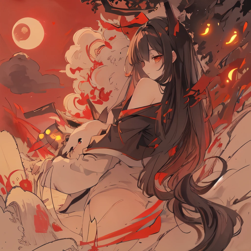masterpiece, best quality, night, hill, clouds, full moon, long hair, woman, silhouette, fireflies, red background, red lighting, red