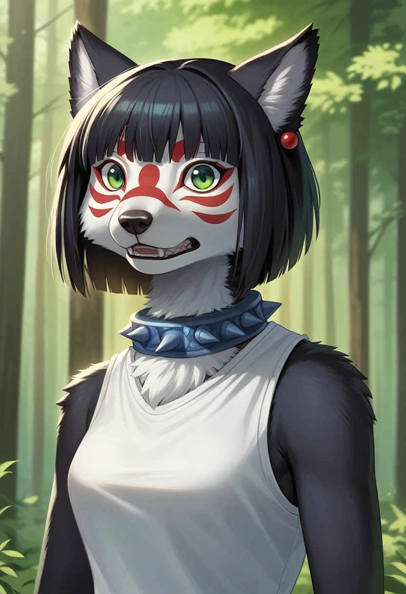 estilo mj3D,3dmm,3D,(Masterpiece, Best Quality:1.1), ghibli style, san (hime mononoke), 1 girl, bracelet, hits, black fur, black undershirt, old, layer, ring, earrings, face paint, by the floating, forest, fur layer, green eyes, jewelry, looking at the viewer, medium old, nature, collar, outdoor, parted hits, shirt, short hair, sleeveless, sleeveless shirt, Alone, tooth collar, tree, Upper part of the body, white shirt