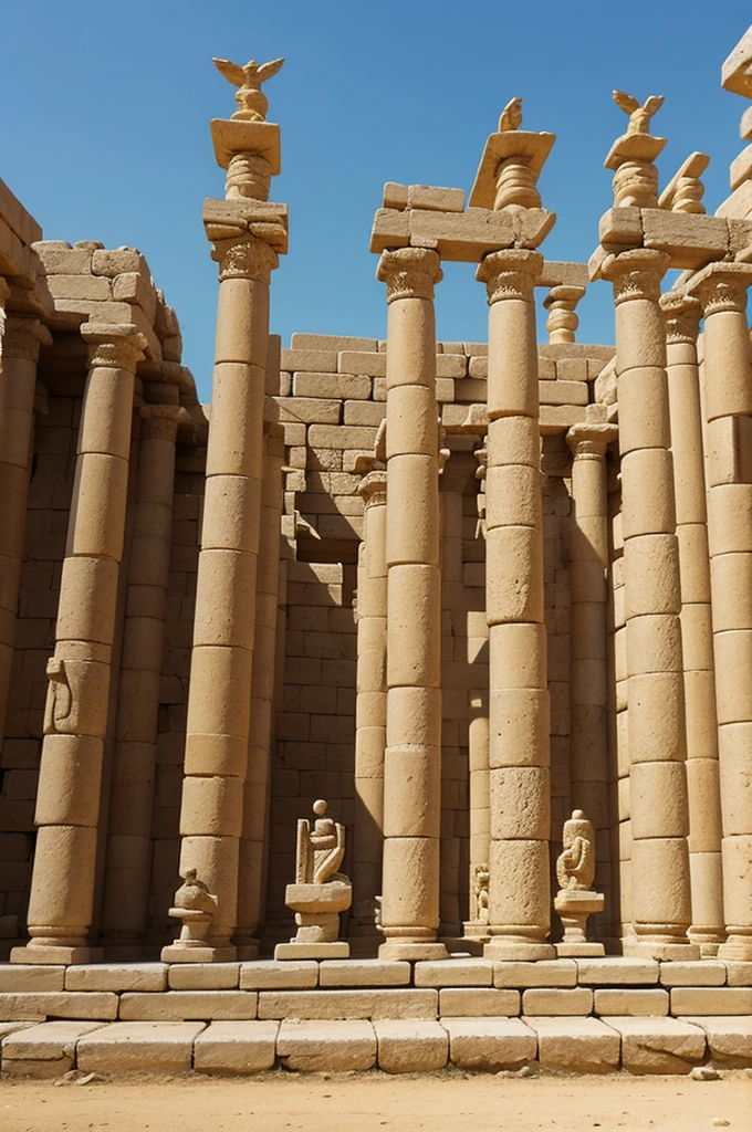 A majestic Sumerian temple with giant stone canary statues and precious jewels