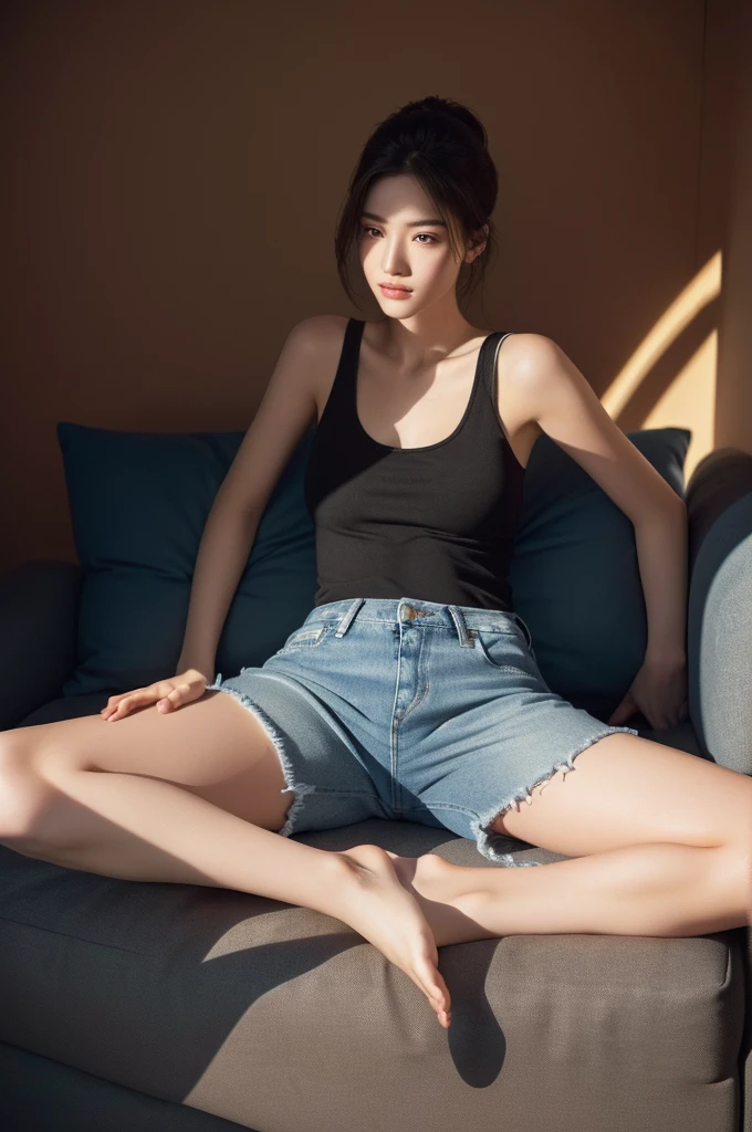Ultra-realistic capture, Highly detailed, High resolution 16k close-up of human skin. Skin texture must be natural, With such detail that pores can be finely identified, Skin should look healthy, In a uniform tone. Use natural light and color, photo realistic, Full Body Shot, full body, (perfect foot), (small feet), (showing feet), (five toes on each foot), shorts jeans, black tank top