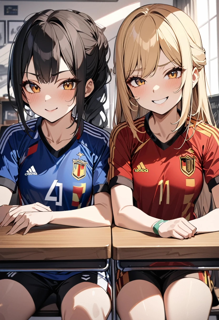 (award winning, 8k, super detailed, high resolution, best quality) , photography, (two girls), girl on the left with blonde hair in (spain soccer uniform) and smirk expression, girl on the right with black hair in (germany soccer uniform) and (timid expression), (sitting side by side at desk), ((beautiful girls)), watching football.