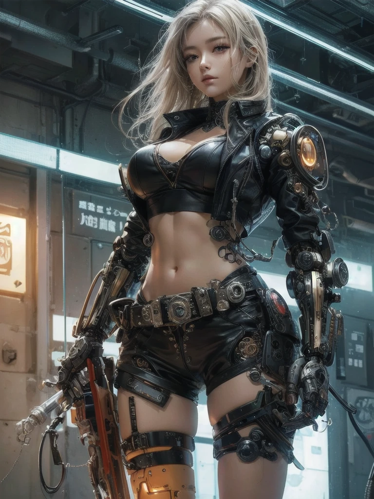 (Detailed illustrations,Very detailed and detailed drawing,Delicate lines with slow and rapid,Realistic texture expression),[Color tressed main line],[Briefing Room Background],([HENTAI] ANIME (JapaneseGirl (Beautiful fece) Cyborg 17 years old) [Wild Hair]) well-muscled [[KARATE]] Both arms of the machine [Built-in V8 engine:0.3],(Black leather jacket) ([a tiger] Translucent rubber inner) [Tiger Stripe],[[Chrome coating:0.5]],(Science Fiction Mechanical [Bioengineering]),(Intricate and beautiful decoration [Dense detail]),(Fine and beautiful skin expression [Transparency]),[Perfect eye details (Iris beautifully drawn in every detail)[Jewel-like eyes]],[long and beautiful eyelashes],[Meticulously drawn hair [More on beautiful and shiny hair]],(Perfect hand details [Beautiful fingers without breakdowns [Beautiful nails]]),(Perfect Anatomy (Perfectly proportioned)) [[Full body like]],[Ideal color coordination(Accurate simulation of light-material interactions)],(HighQuality,[Precision Detail] hight resolution,(detaileds,high-detail)),[Visual art that conveys a sense of narrative].